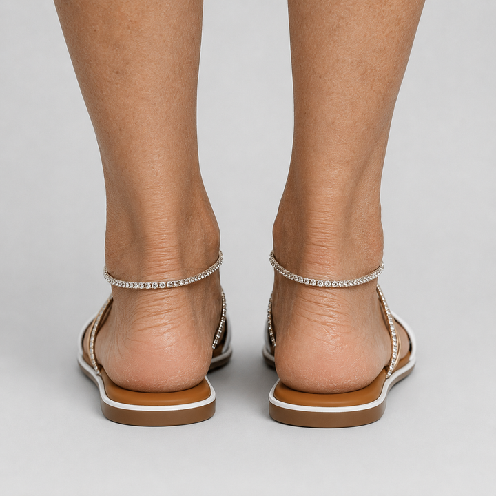 Women's Flat Slide Sandals with Multi-Wire Strap and Rhinestone Ankle Wrap