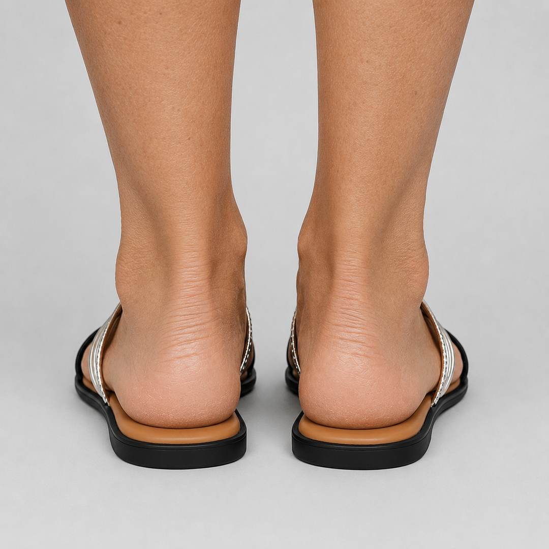 Women's Flat Slide Sandals with Multi-Wire Strap and Rhinestone Ankle Wrap