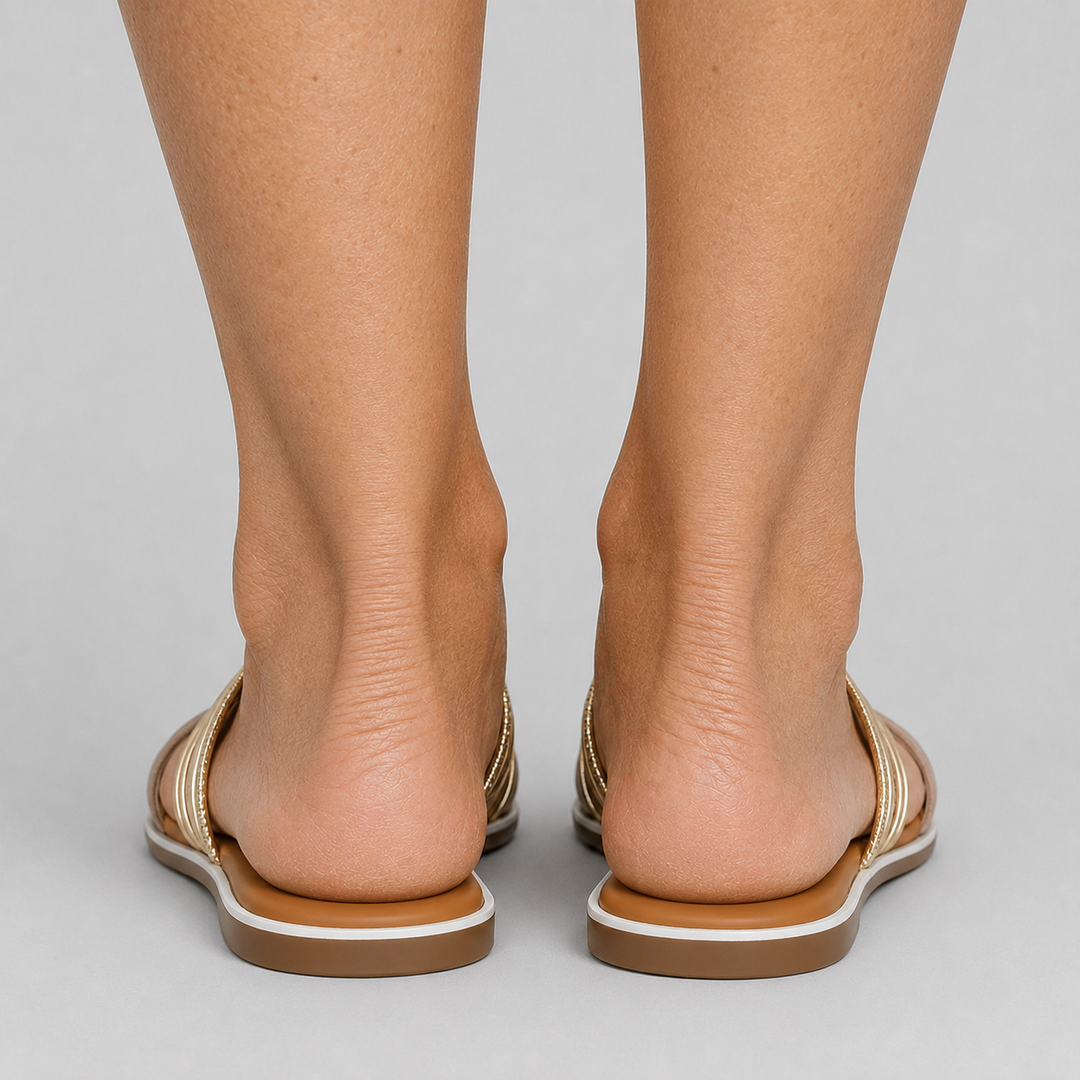 Women's Flat Slide Sandals with Multi-Wire Strap and Rhinestone Ankle Wrap