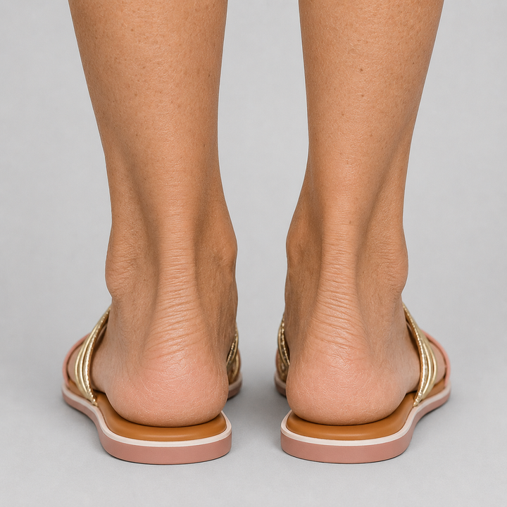 Women's Flat Slide Sandals with Multi-Wire Strap and Rhinestone Ankle Wrap