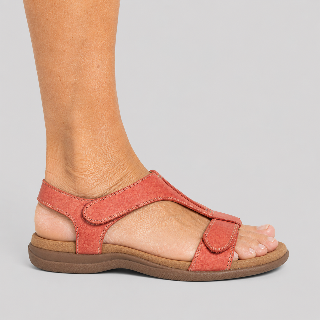 Women's Open Toe Flat Sandals with T-Strap and Adjustable Hook and Loop Closure