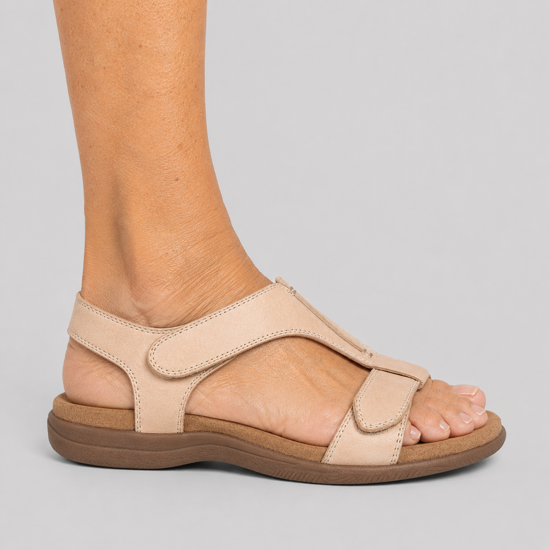 Women's Open Toe Flat Sandals with T-Strap and Adjustable Hook and Loop Closure