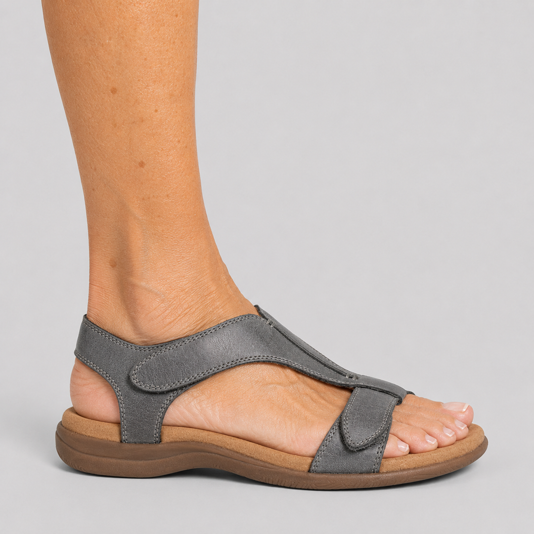 Women's Open Toe Flat Sandals with T-Strap and Adjustable Hook and Loop Closure