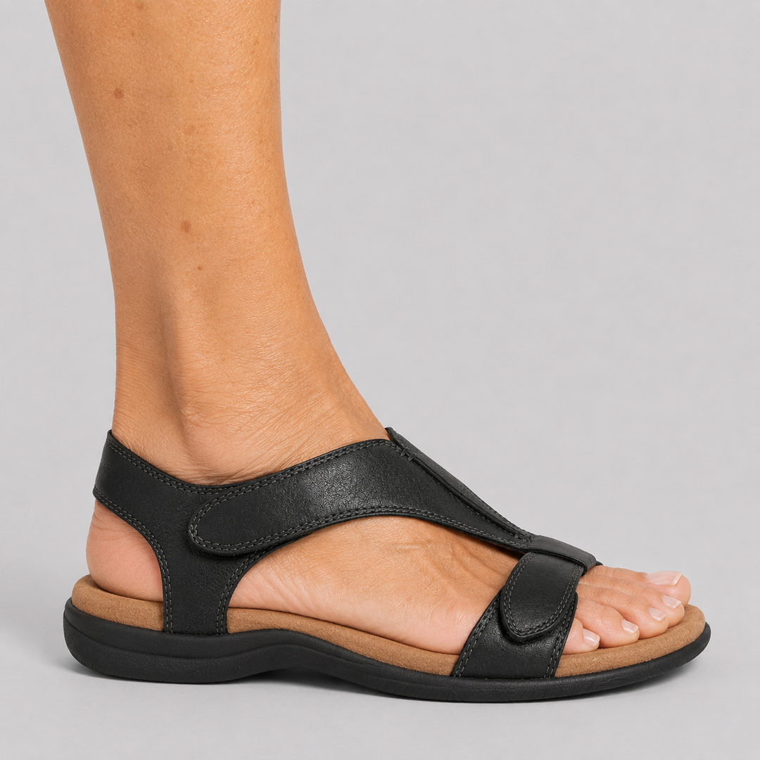 Women's Open Toe Flat Sandals with T-Strap and Adjustable Hook and Loop Closure