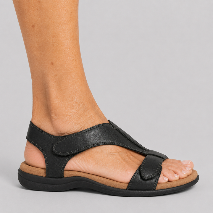 Women's Open Toe Flat Sandals with T-Strap and Adjustable Hook and Loop Closure