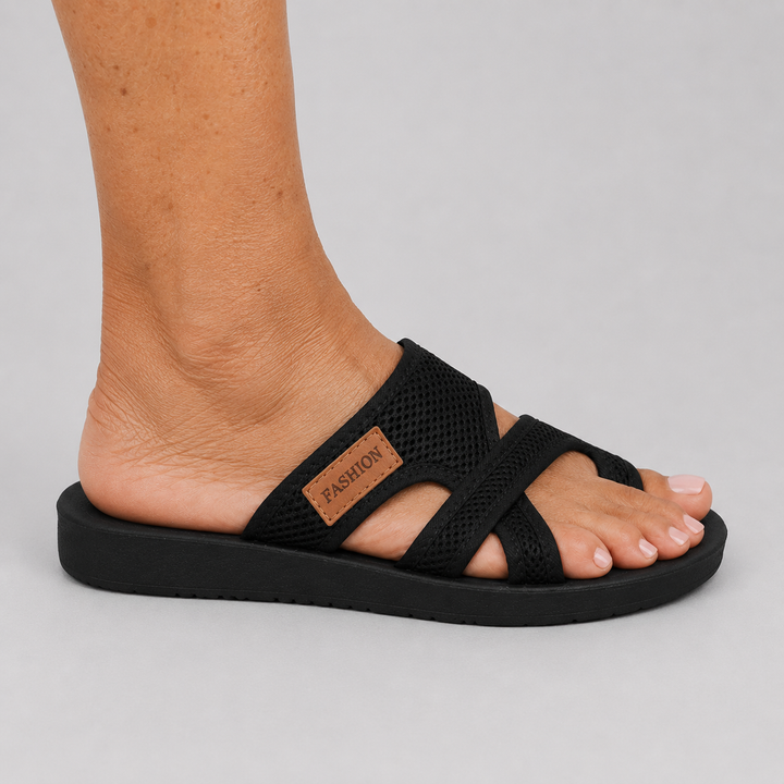 Women's Open Toe Slide Sandals with Mesh Cross Strap and Platform Sole