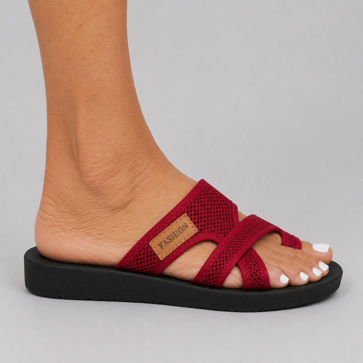 Women's Open Toe Slide Sandals with Mesh Cross Strap and Platform Sole