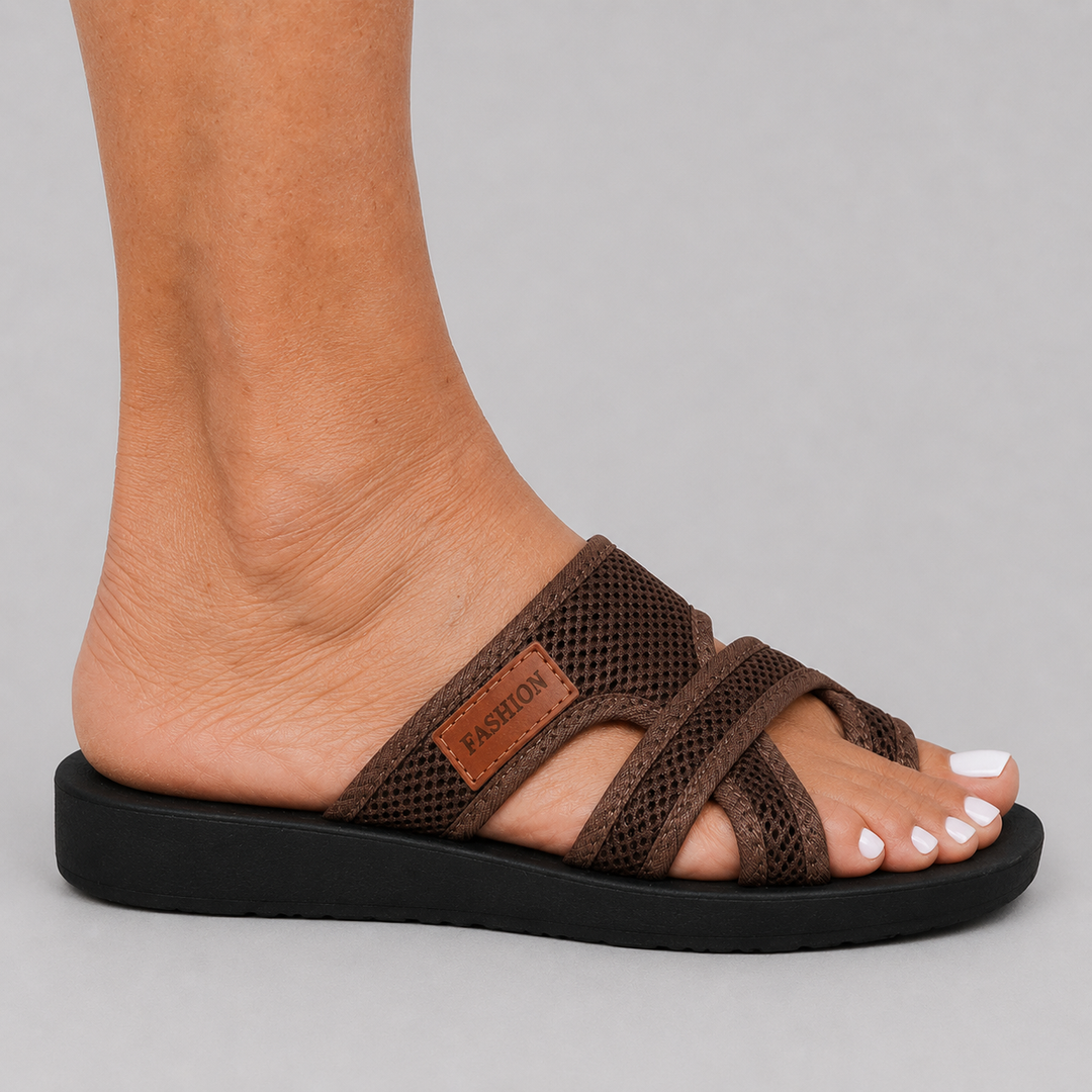 Women's Open Toe Slide Sandals with Mesh Cross Strap and Platform Sole
