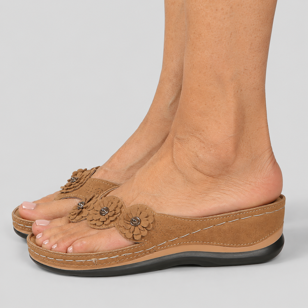 Women's Wedge Flip Flop Sandals with Flower Appliqué Detail and Platform Sole
