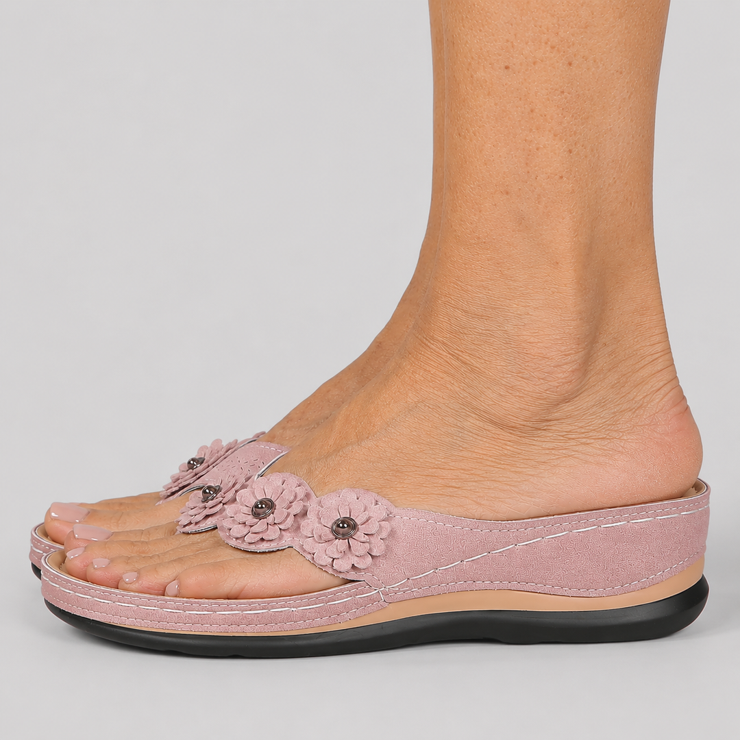 Women's Wedge Flip Flop Sandals with Flower Appliqué Detail and Platform Sole