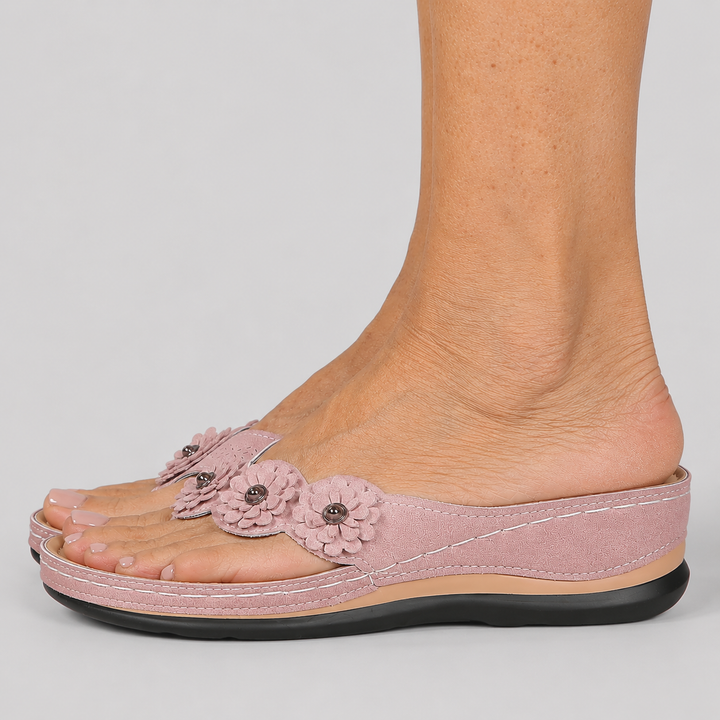 Women's Wedge Flip Flop Sandals with Flower Appliqué Detail and Platform Sole