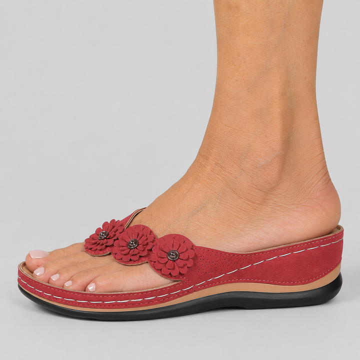Women's Wedge Flip Flop Sandals with Flower Appliqué Detail and Platform Sole