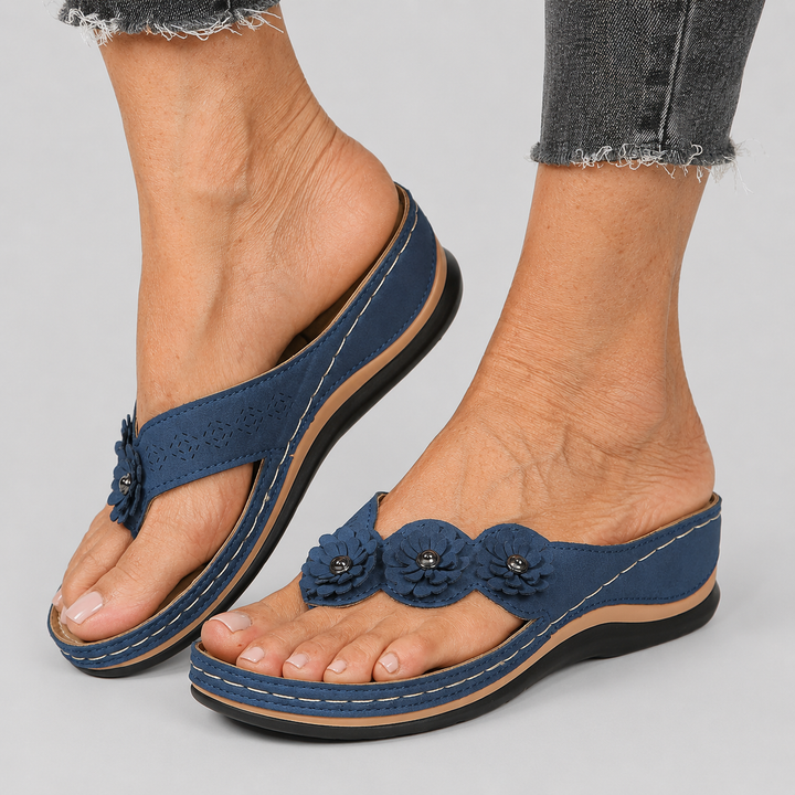 Women's Wedge Flip Flop Sandals with Flower Appliqué Detail and Platform Sole