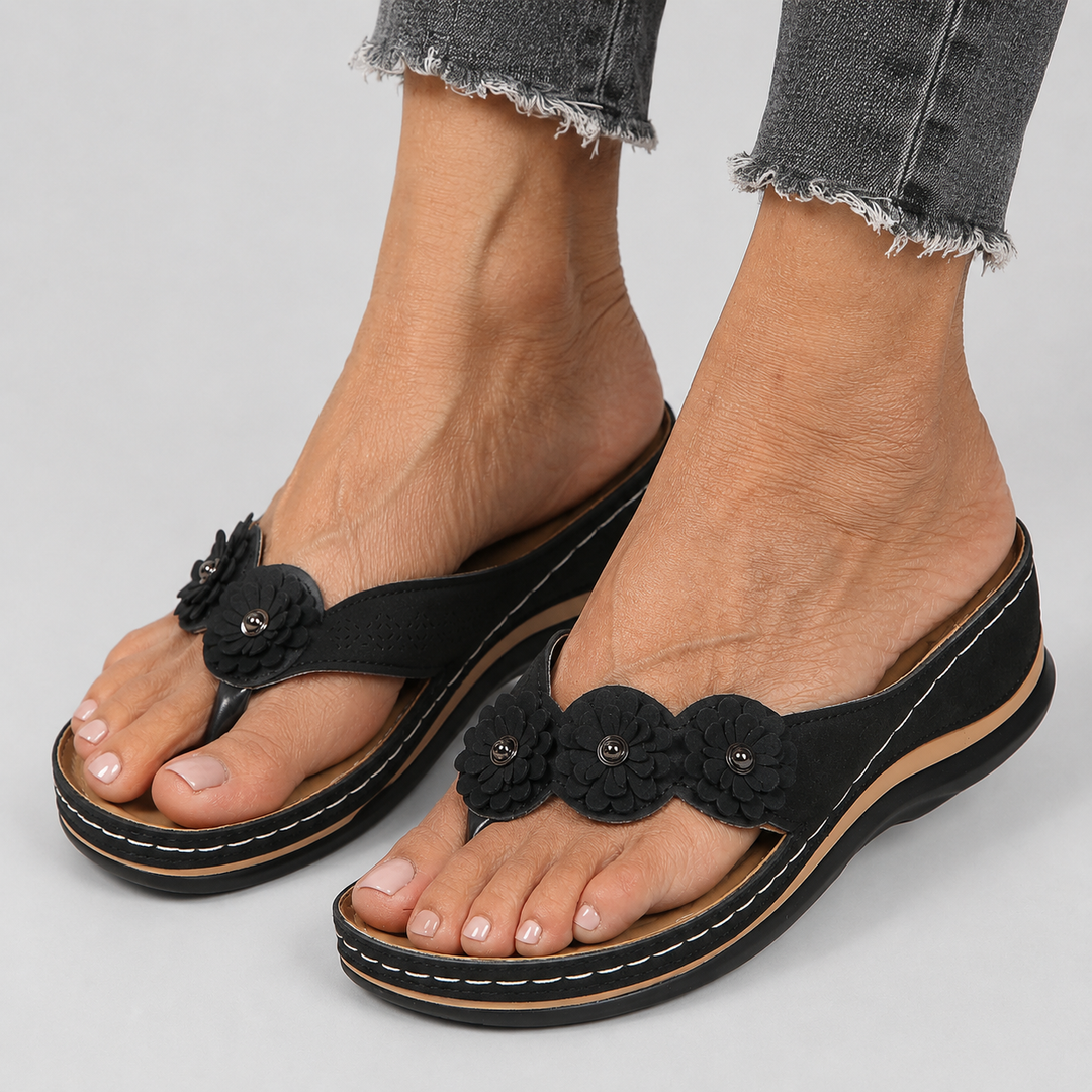 Women's Wedge Flip Flop Sandals with Flower Appliqué Detail and Platform Sole