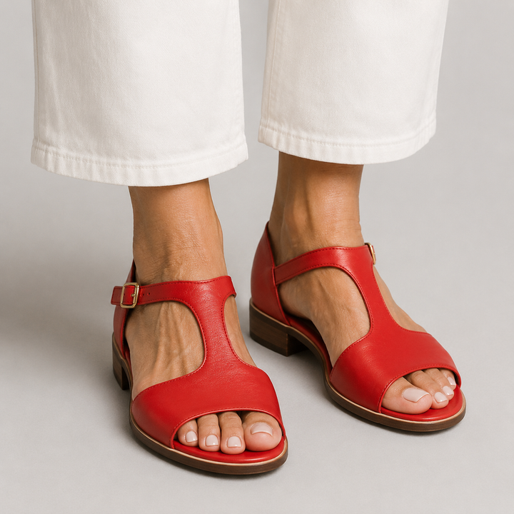 Women's Open Toe Sandals with T-Bar Strap and Gold-Tone Buckle Closure