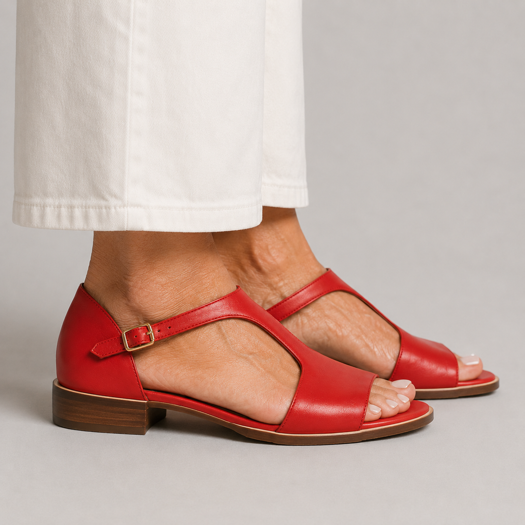 Women's Open Toe Sandals with T-Bar Strap and Gold-Tone Buckle Closure