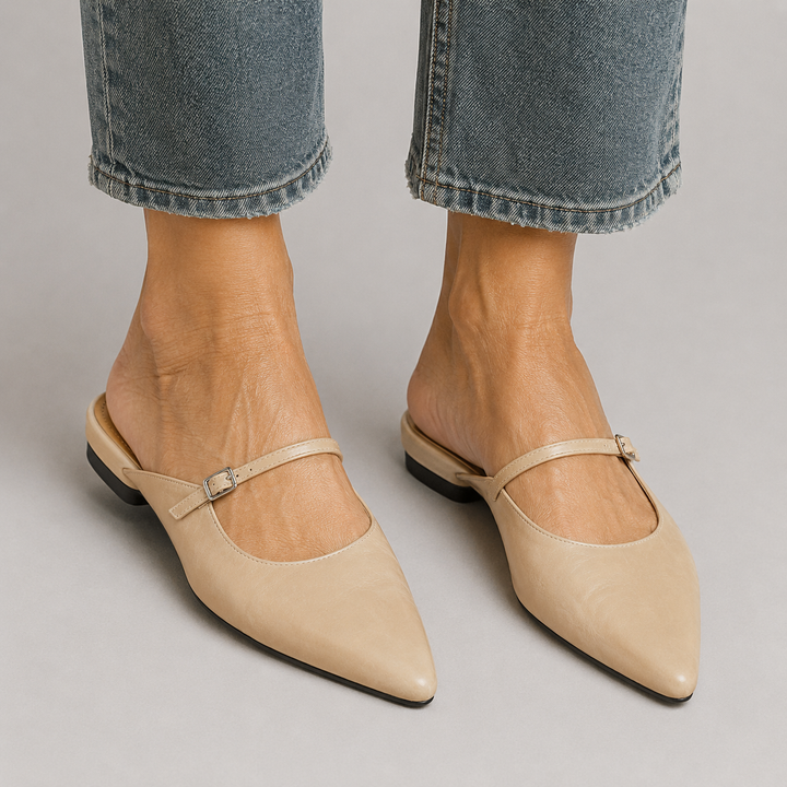 Women's Pointed Toe Mule Flats with Mary Jane Strap and Buckle Closure