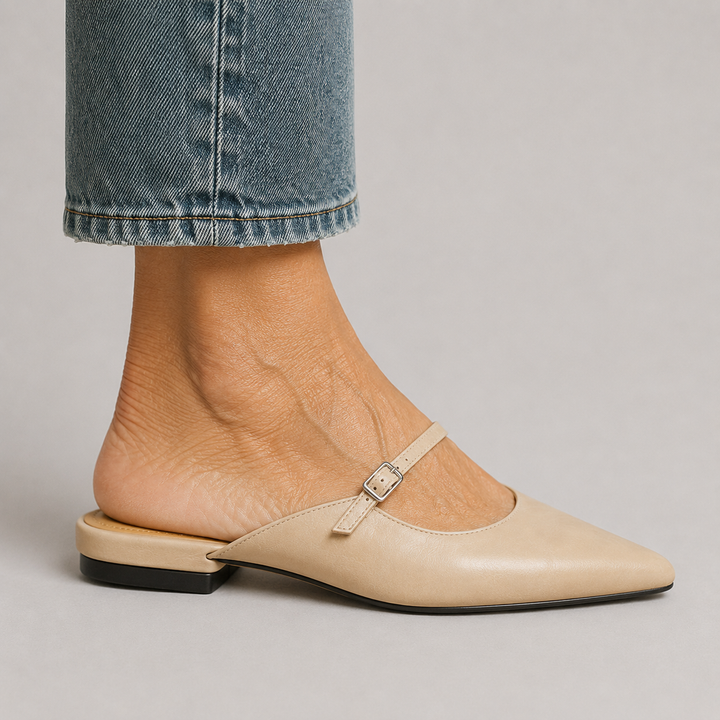 Women's Pointed Toe Mule Flats with Mary Jane Strap and Buckle Closure