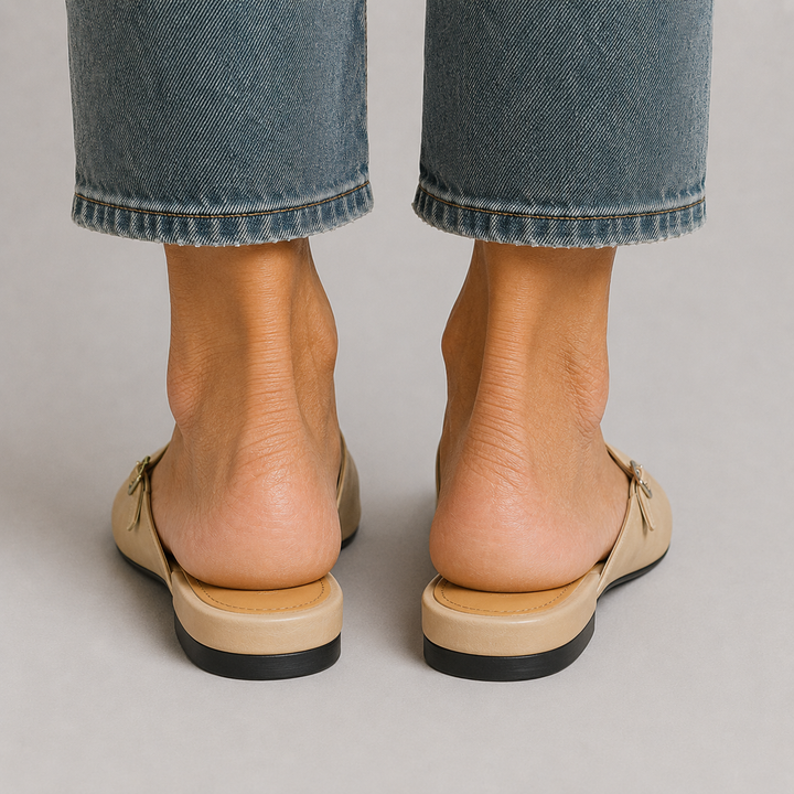 Women's Pointed Toe Mule Flats with Mary Jane Strap and Buckle Closure