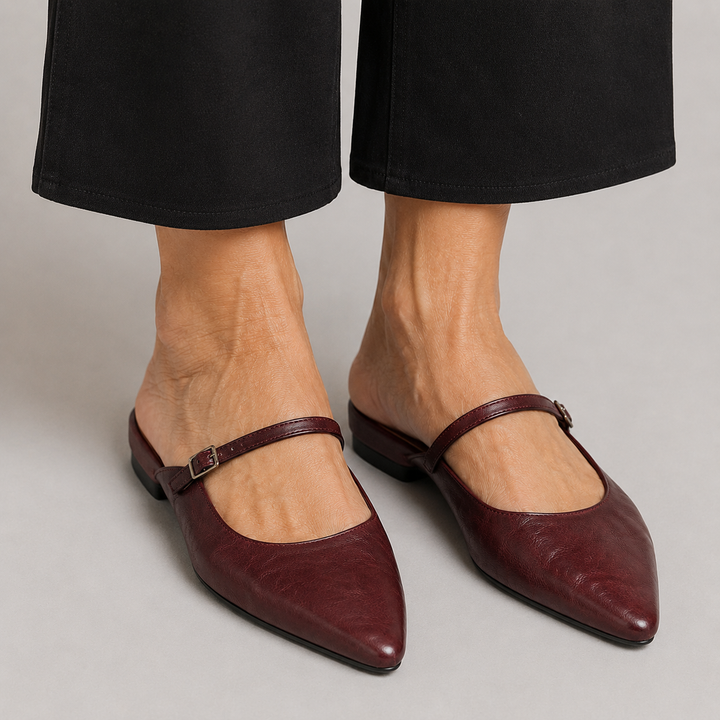 Women's Pointed Toe Mule Flats with Mary Jane Strap and Buckle Closure