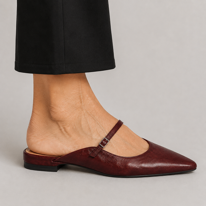 Women's Pointed Toe Mule Flats with Mary Jane Strap and Buckle Closure