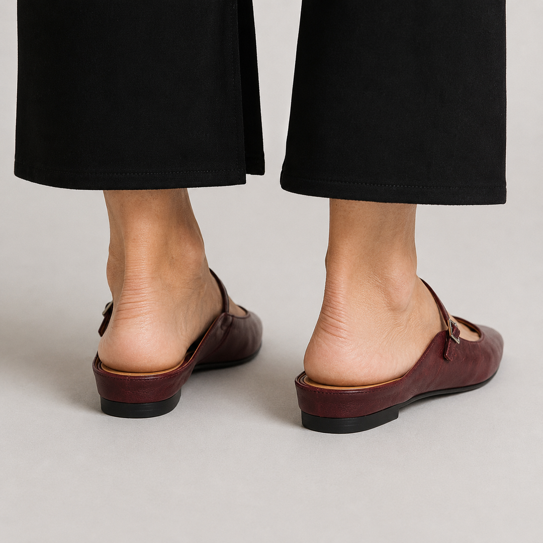 Women's Pointed Toe Mule Flats with Mary Jane Strap and Buckle Closure