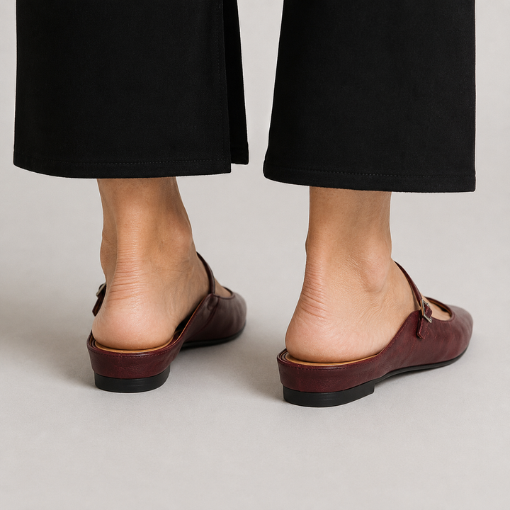 Women's Pointed Toe Mule Flats with Mary Jane Strap and Buckle Closure