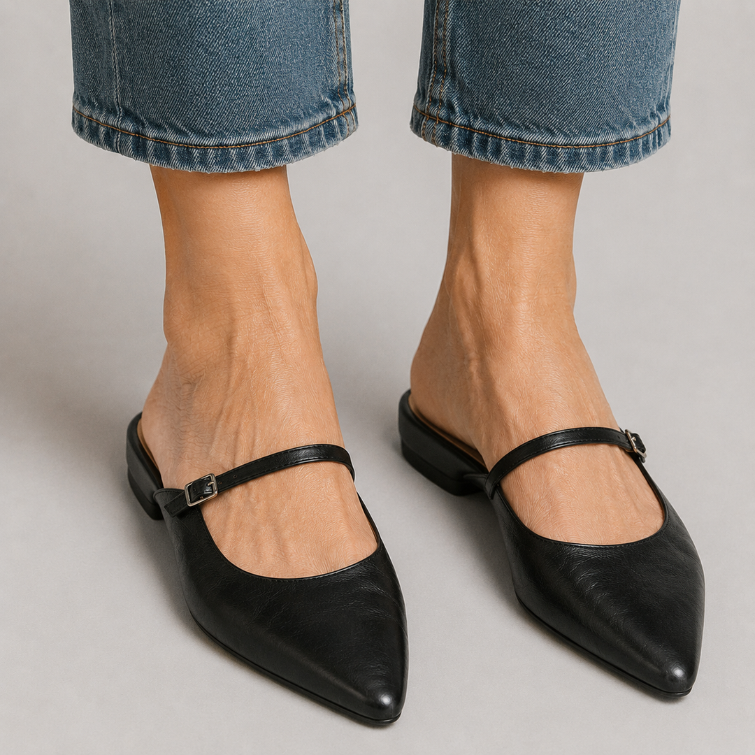 Women's Pointed Toe Mule Flats with Mary Jane Strap and Buckle Closure