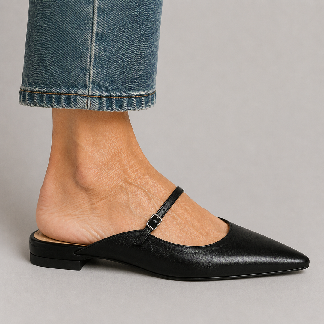 Women's Pointed Toe Mule Flats with Mary Jane Strap and Buckle Closure