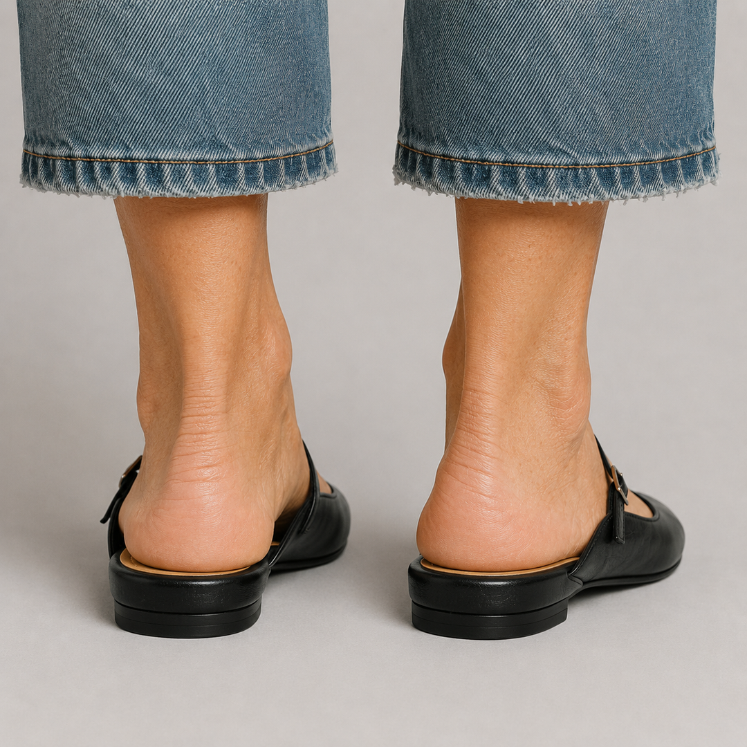 Women's Pointed Toe Mule Flats with Mary Jane Strap and Buckle Closure