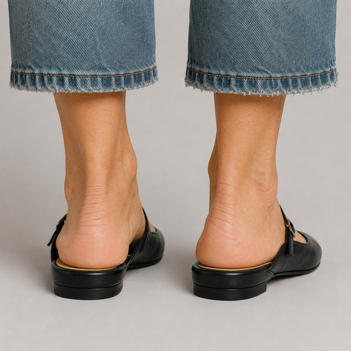 Women's Pointed Toe Mule Flats with Mary Jane Strap and Buckle Closure