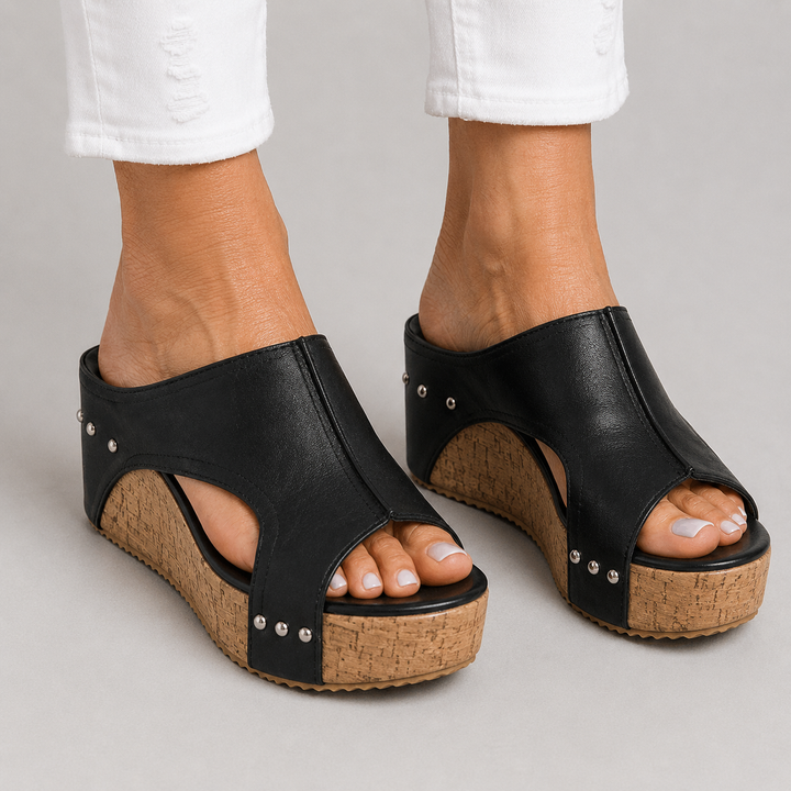 Women's Open Toe Wedge Mule Sandals with Cork Platform and Stud Detail