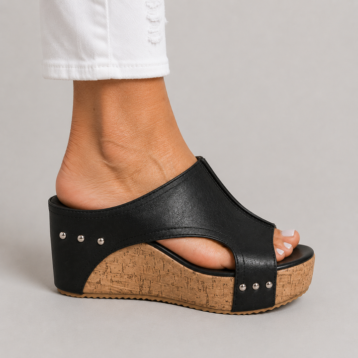 Women's Open Toe Wedge Mule Sandals with Cork Platform and Stud Detail