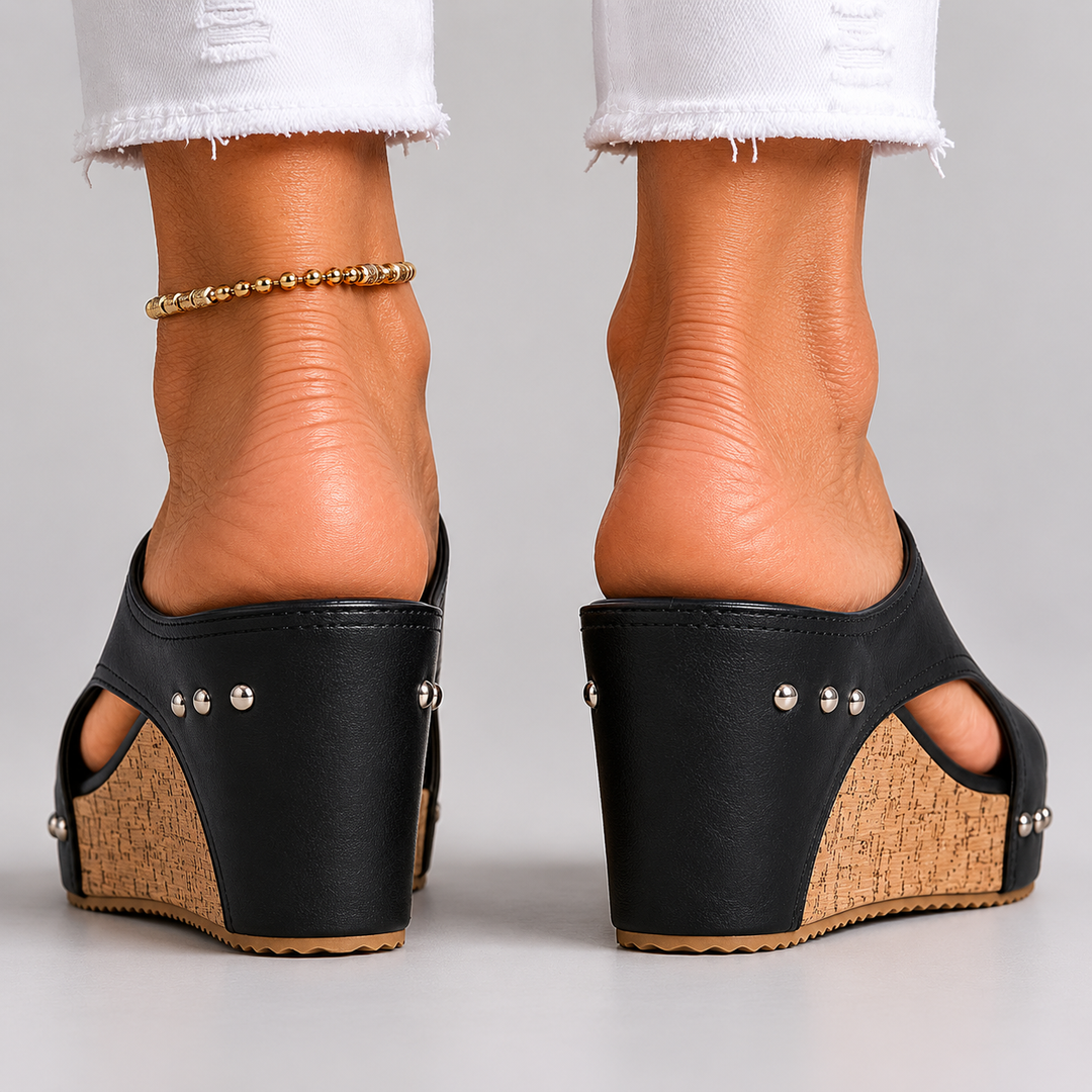Women's Open Toe Wedge Mule Sandals with Cork Platform and Stud Detail