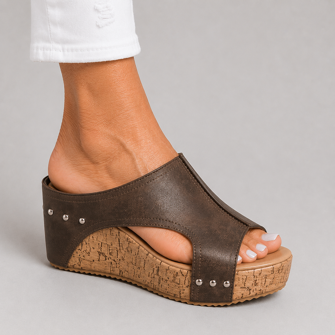 Women's Open Toe Wedge Mule Sandals with Cork Platform and Stud Detail