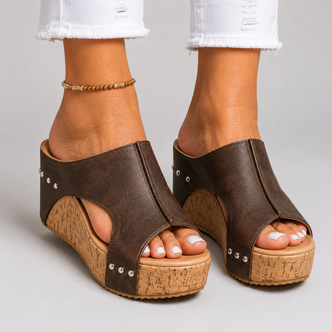 Women's Open Toe Wedge Mule Sandals with Cork Platform and Stud Detail