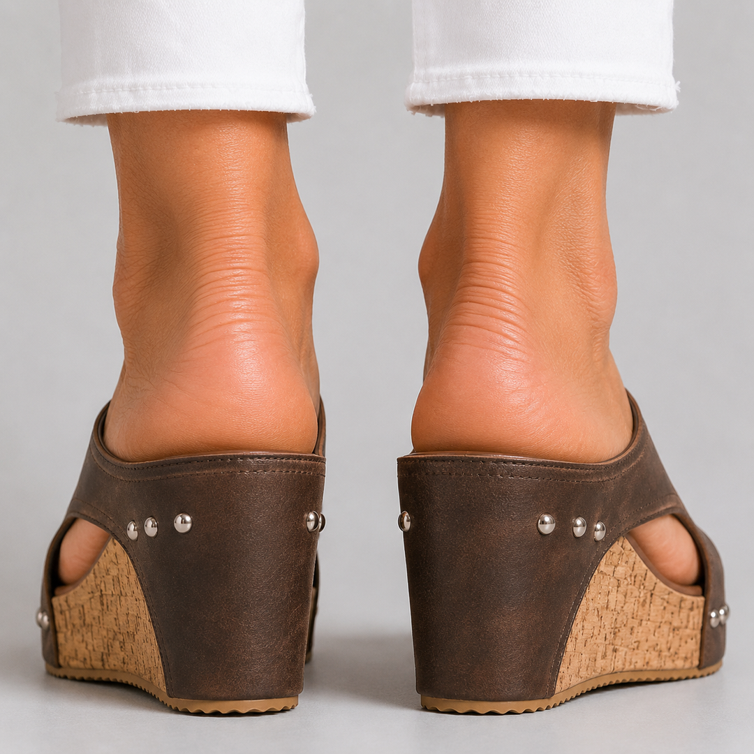 Women's Open Toe Wedge Mule Sandals with Cork Platform and Stud Detail