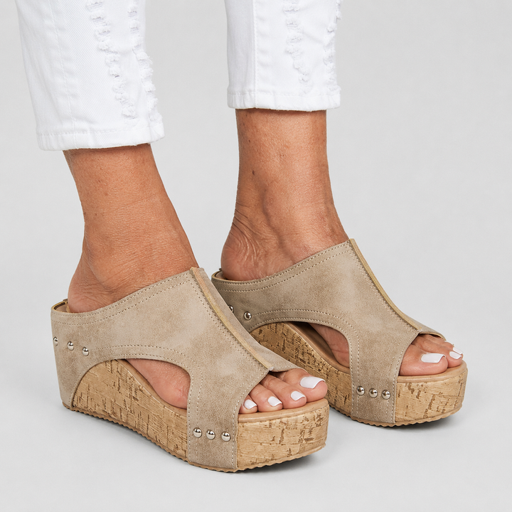 Women's Open Toe Wedge Mule Sandals with Cork Platform and Stud Detail