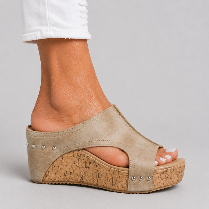 Women's Open Toe Wedge Mule Sandals with Cork Platform and Stud Detail