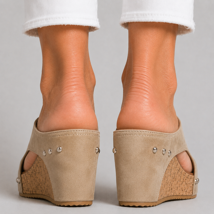 Women's Open Toe Wedge Mule Sandals with Cork Platform and Stud Detail