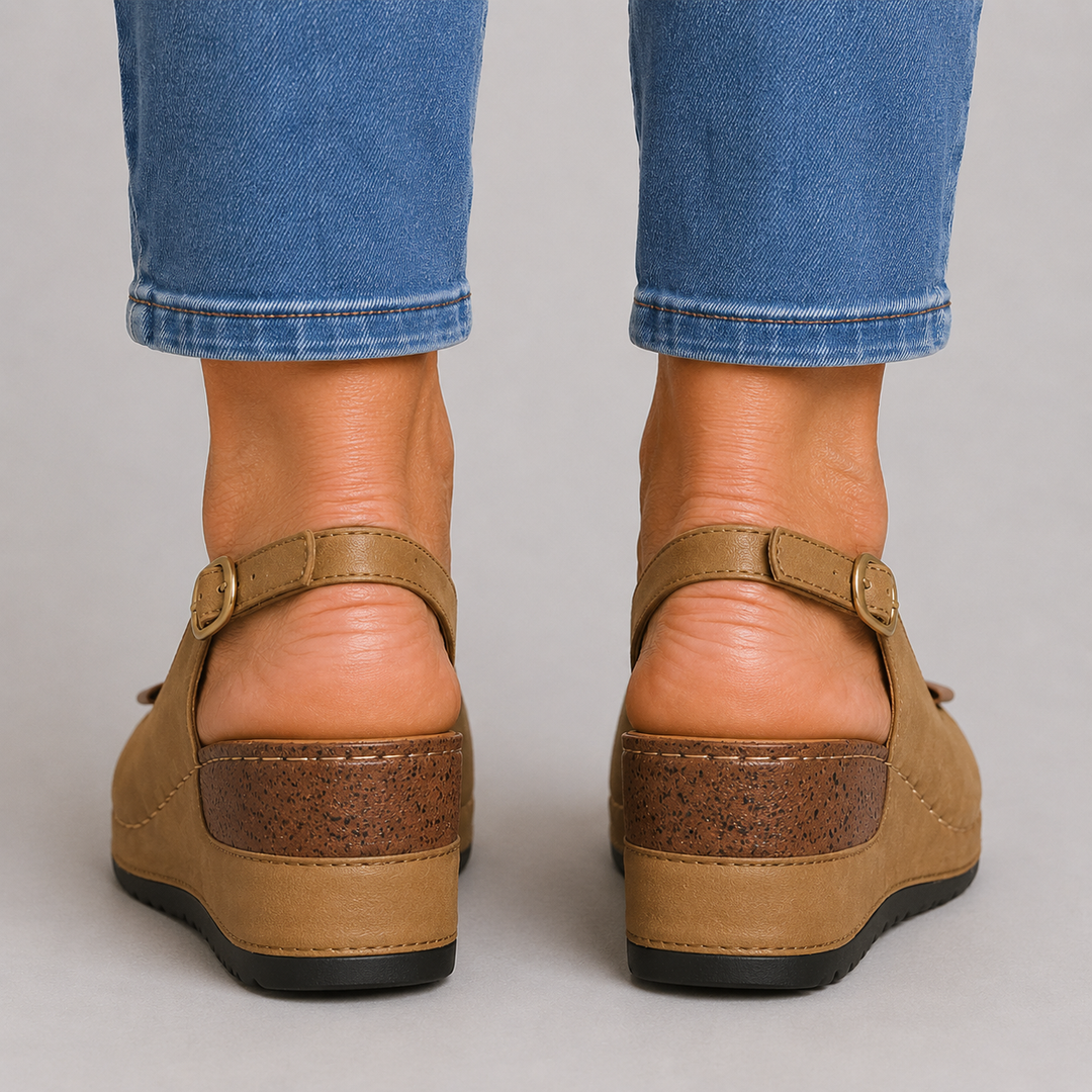 Women's Open Toe Wedge Slingback Sandals with Bow Detail and Buckle Strap