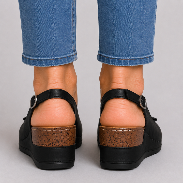 Women's Open Toe Wedge Slingback Sandals with Bow Detail and Buckle Strap