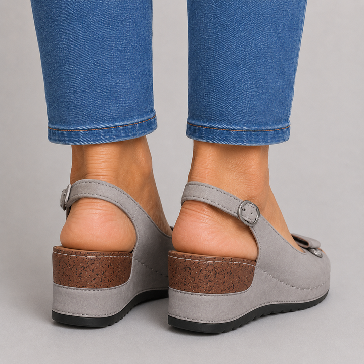 Women's Open Toe Wedge Slingback Sandals with Bow Detail and Buckle Strap