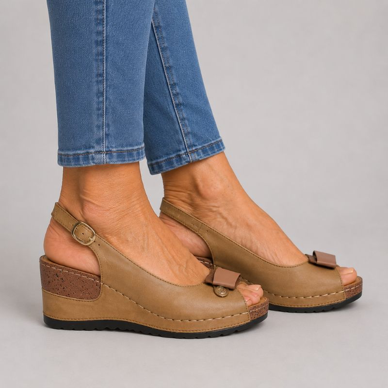 Women's Open Toe Wedge Slingback Sandals with Bow Detail and Buckle Strap