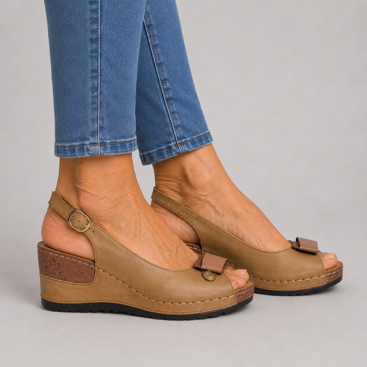 Women's Open Toe Wedge Slingback Sandals with Bow Detail and Buckle Strap