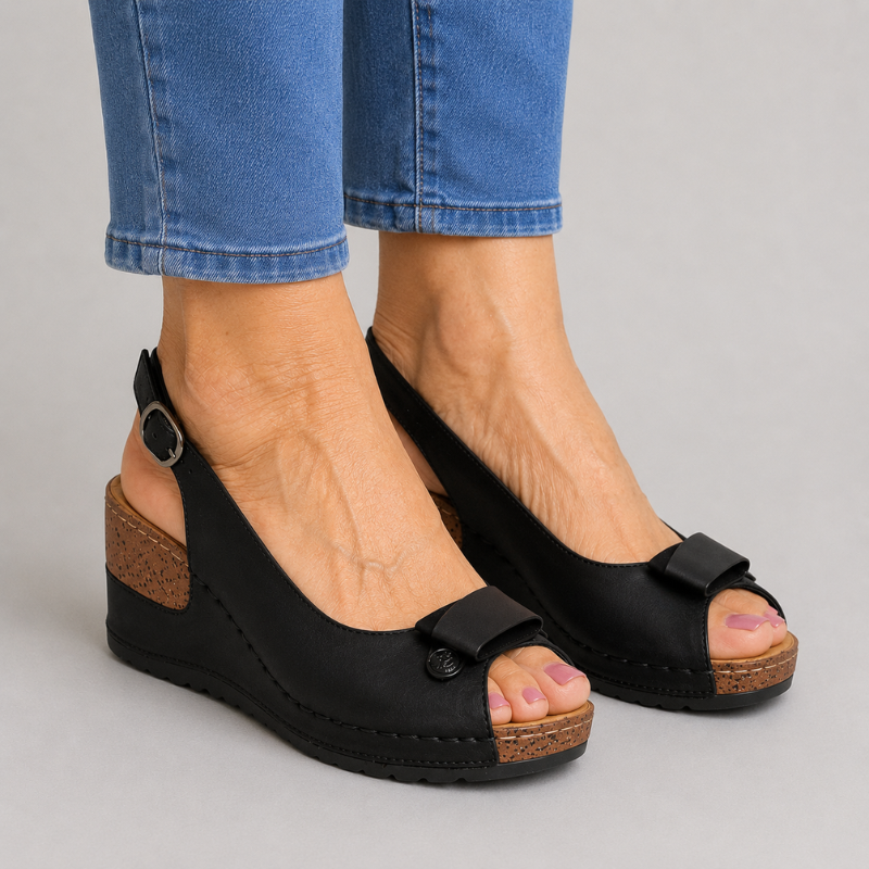 Women's Open Toe Wedge Slingback Sandals with Bow Detail and Buckle Strap