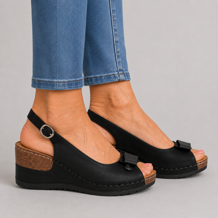 Women's Open Toe Wedge Slingback Sandals with Bow Detail and Buckle Strap