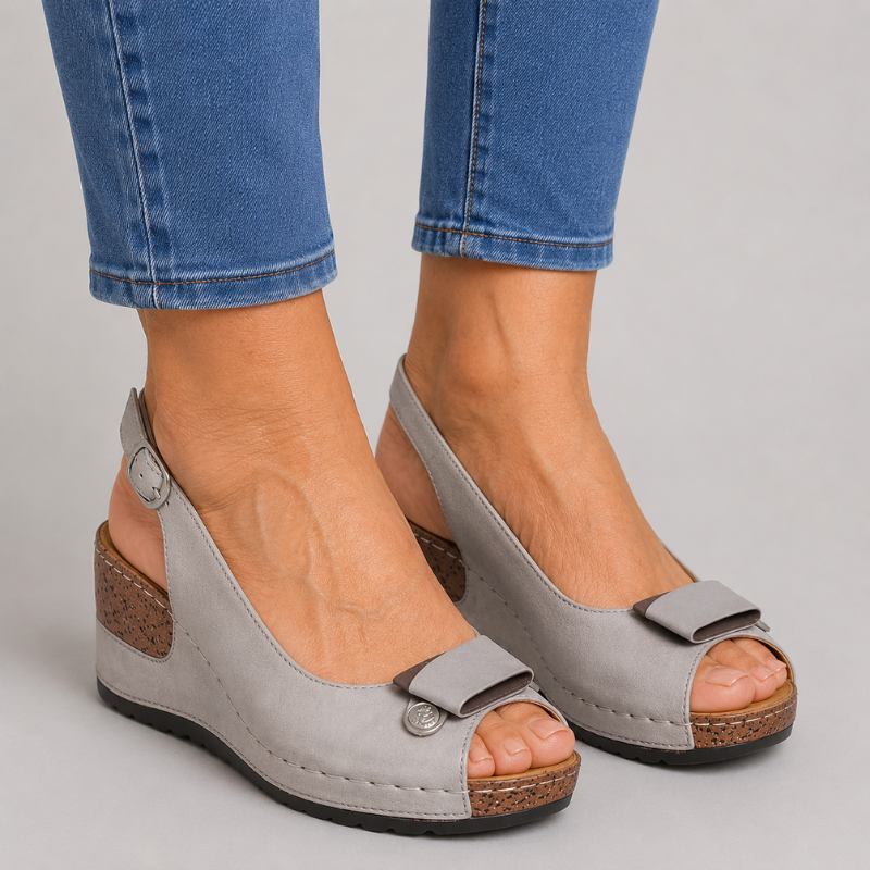 Women's Open Toe Wedge Slingback Sandals with Bow Detail and Buckle Strap