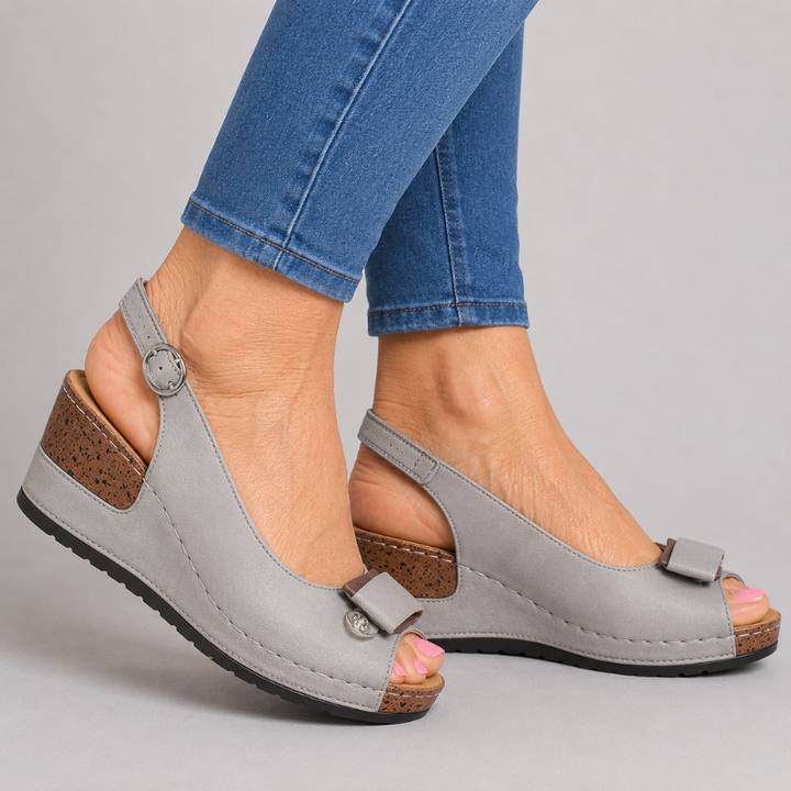 Women's Open Toe Wedge Slingback Sandals with Bow Detail and Buckle Strap