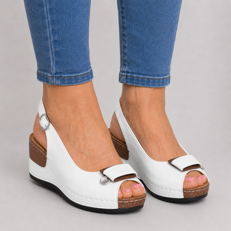Women's Open Toe Wedge Slingback Sandals with Bow Detail and Buckle Strap
